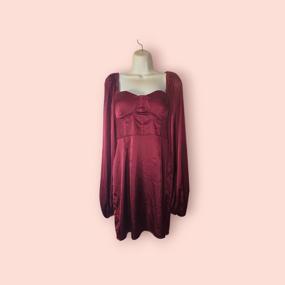 Princess Polly Satin Mesh Corset Long Sleeve Mini Dress Burgundy Wine US 8 Lace